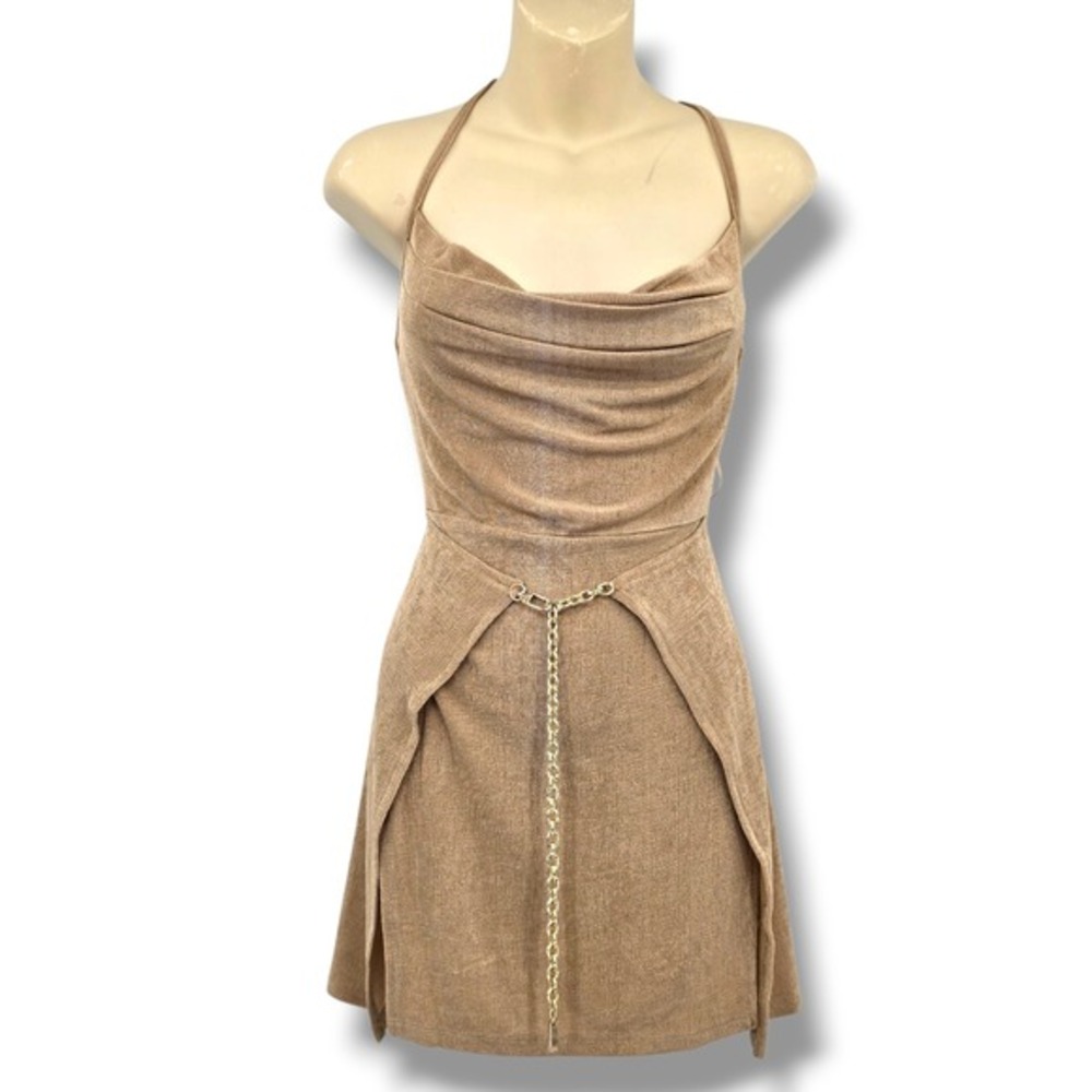 She Is Us XS Mini Dress Tan Cowl Neck Halter‎ Gold Chain Backless Party